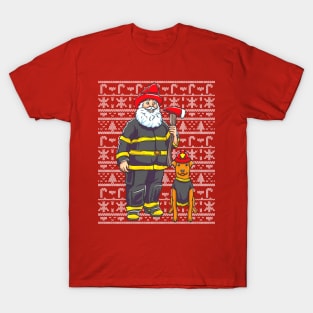 Firefighter Santa Claus Firemen Ugly Christmas Sweater Pattern T-Shirt